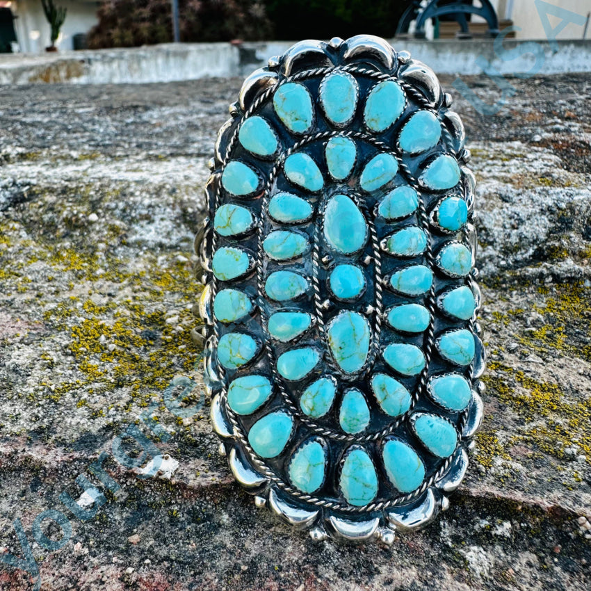 Navajo Sterling Silver & Turquoise Oval Rosette Cuff Bracelet Bracelet