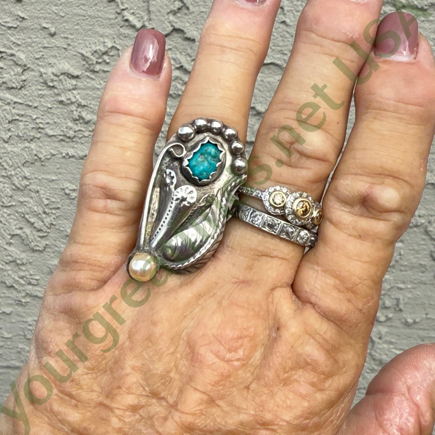 Navajo Sterling Silver Turquoise & Pearl Flower Ring Size 7 1/2 ring