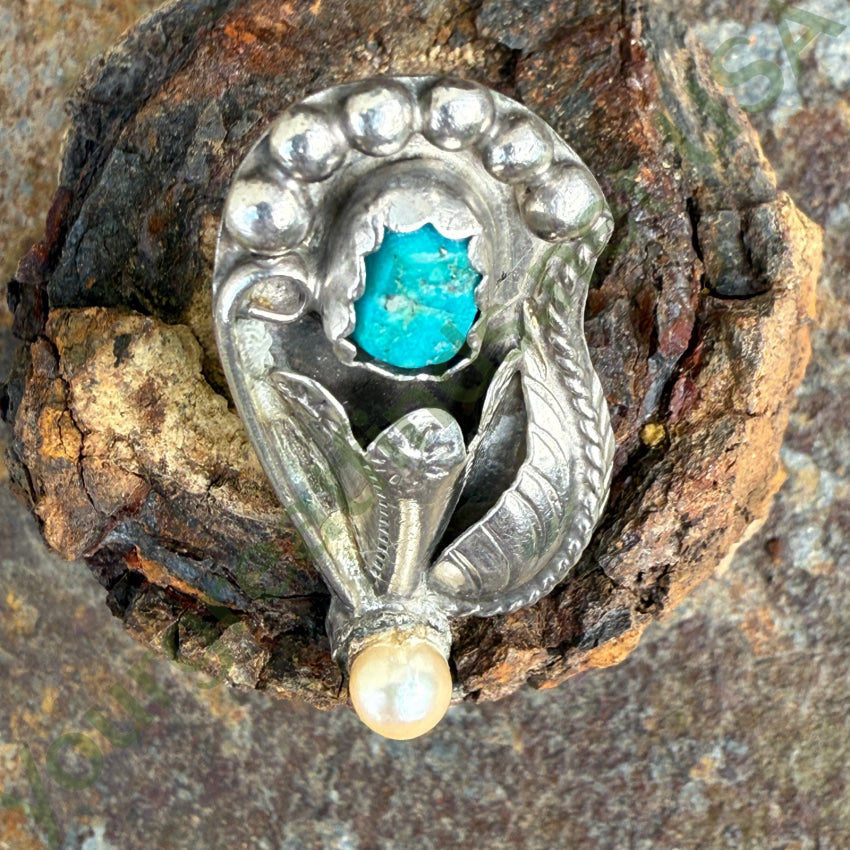 Navajo Sterling Silver Turquoise & Pearl Flower Ring Size 7 1/2 ring