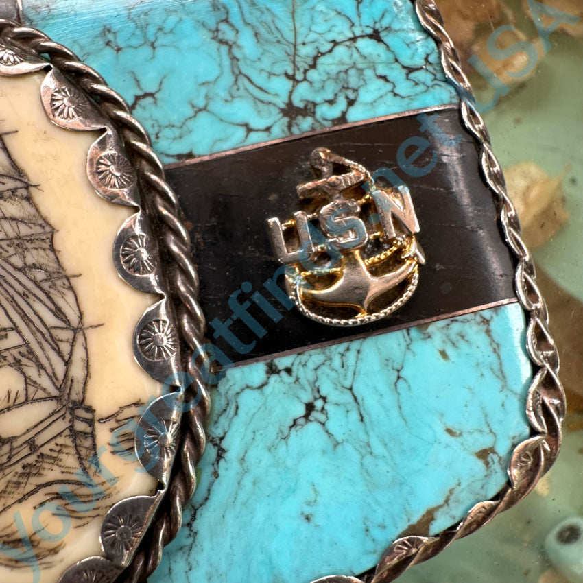 Navajo Sterling Silver Turquoise Scrimshaw Navy Belt Buckle