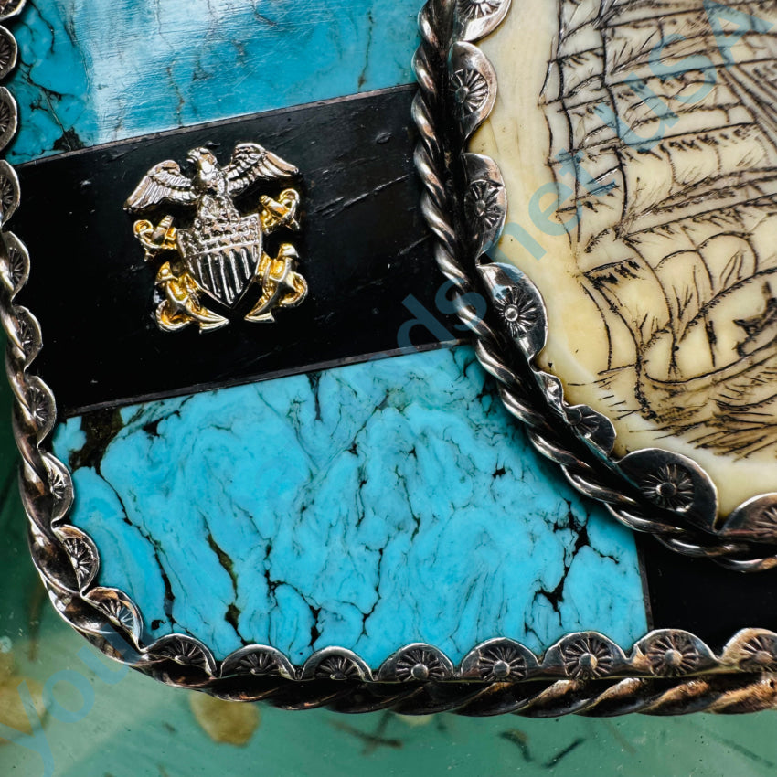 Navajo Sterling Silver Turquoise Scrimshaw Navy Belt Buckle