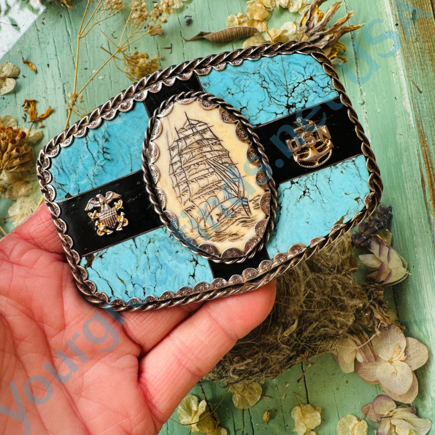 Navajo Sterling Silver Turquoise Scrimshaw Navy Belt Buckle