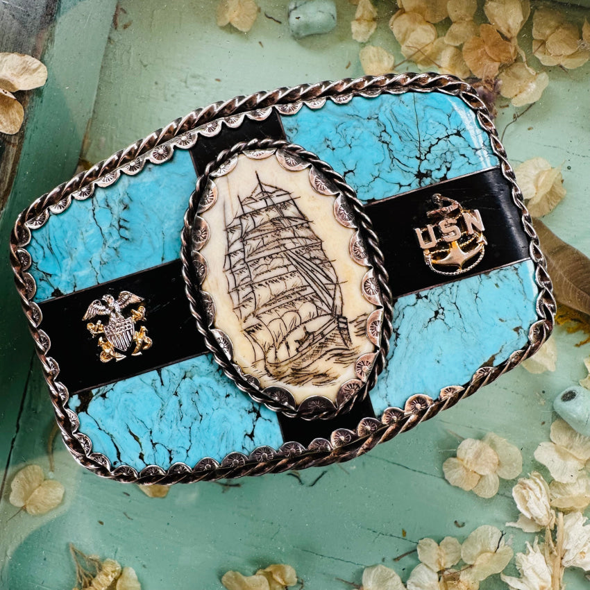 Navajo Sterling Silver Turquoise Scrimshaw Navy Belt Buckle