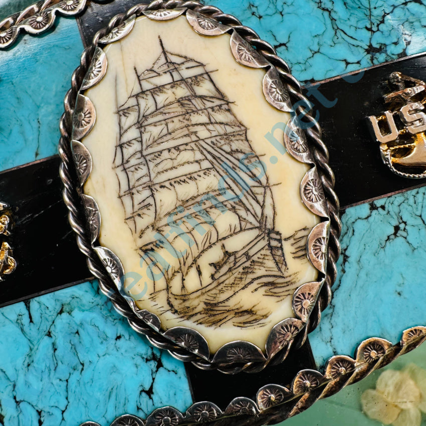 Navajo Sterling Silver Turquoise Scrimshaw Navy Belt Buckle