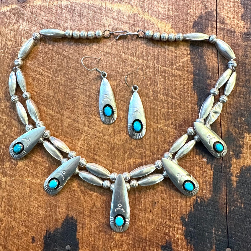 Navajo Sterling Silver Turquoise Shadowbox Necklace Earring Set