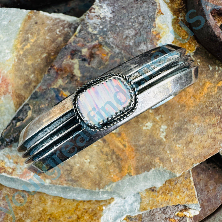 Navajo Tom Hawk Sterling Silver Channel Cuff Bracelet Opal Bracelet