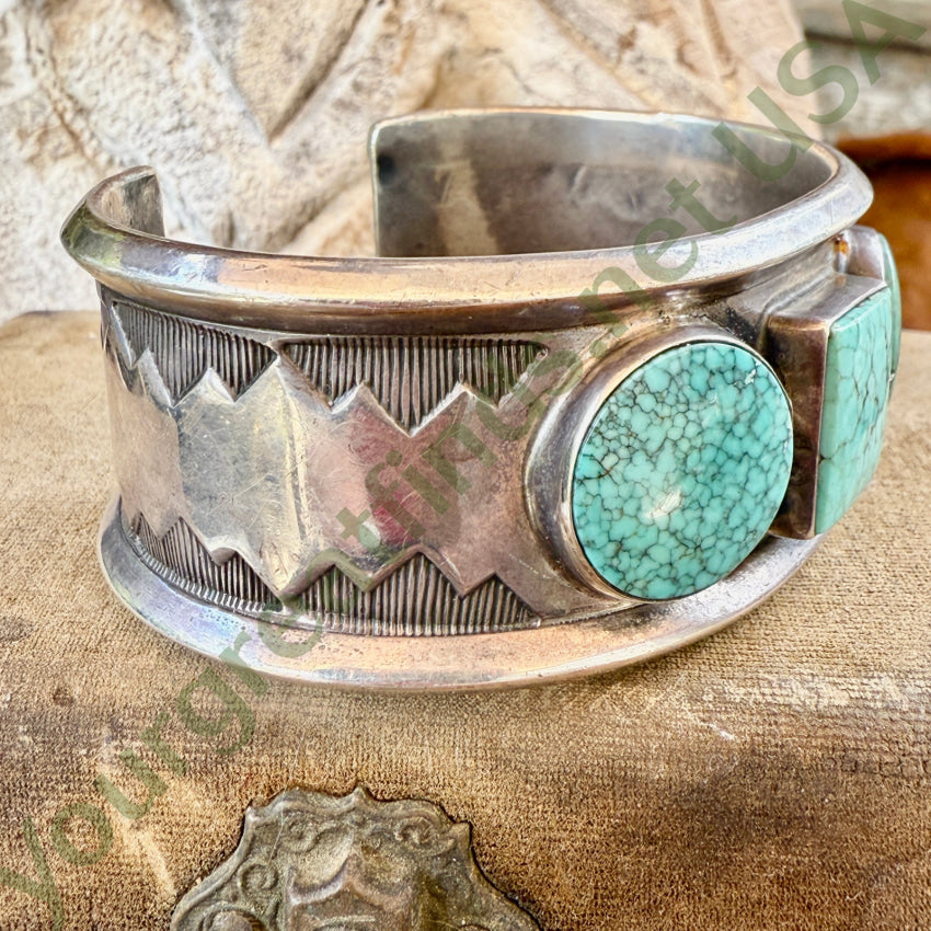 Navajo Triple Stone No. 8 Mine Turquoise Sterling Silver Bracelet