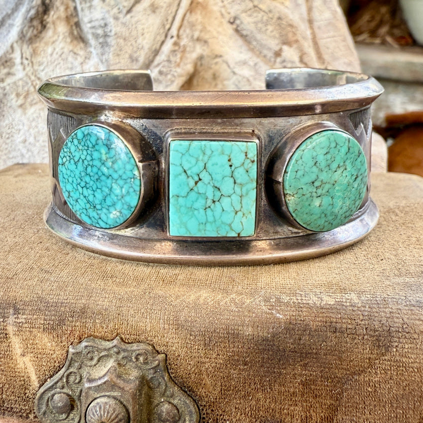 Navajo Triple Stone No. 8 Mine Turquoise Sterling Silver Bracelet bracelet