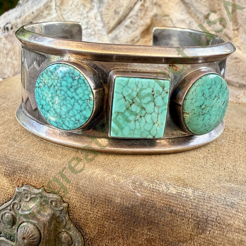 Navajo Triple Stone No. 8 Mine Turquoise Sterling Silver Bracelet bracelet