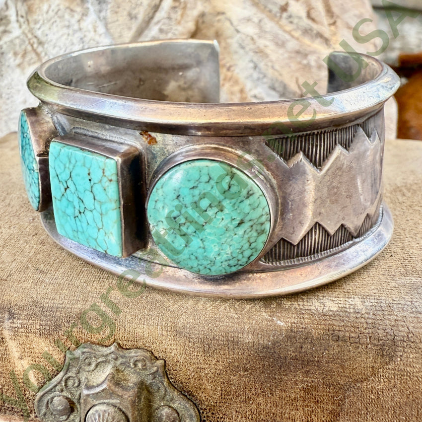 Navajo Triple Stone No. 8 Mine Turquoise Sterling Silver Bracelet bracelet
