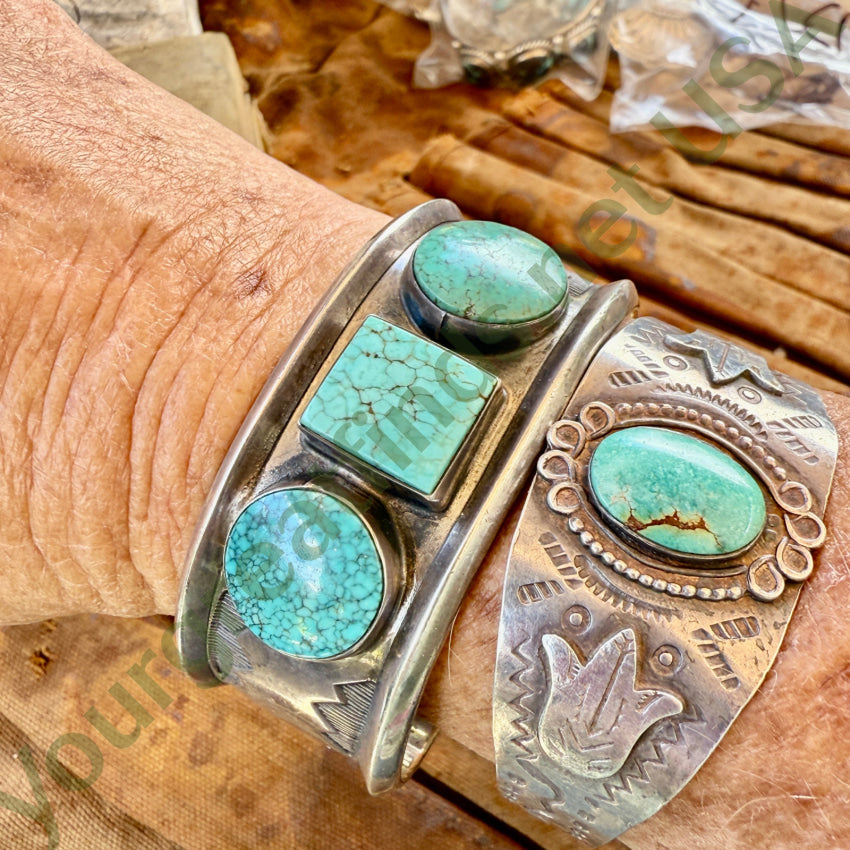 Navajo Triple Stone No. 8 Mine Turquoise Sterling Silver Bracelet
