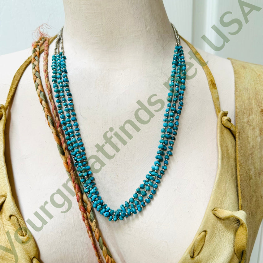 Navajo Triple Strand Fine Turquoise Sterling Silver Beaded Necklace