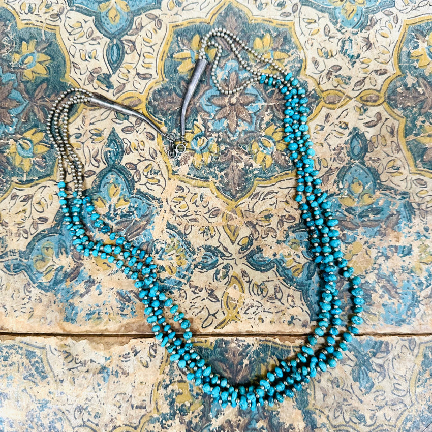 Navajo Triple Strand Fine Turquoise Sterling Silver Beaded Necklace