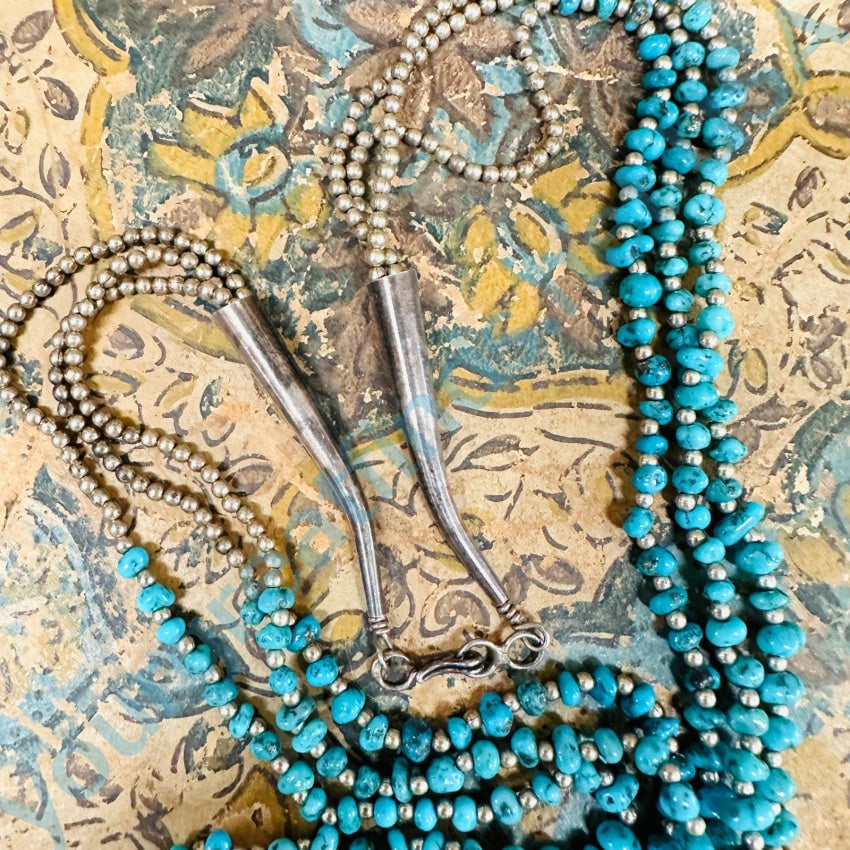 Navajo Triple Strand Fine Turquoise Sterling Silver Beaded Necklace