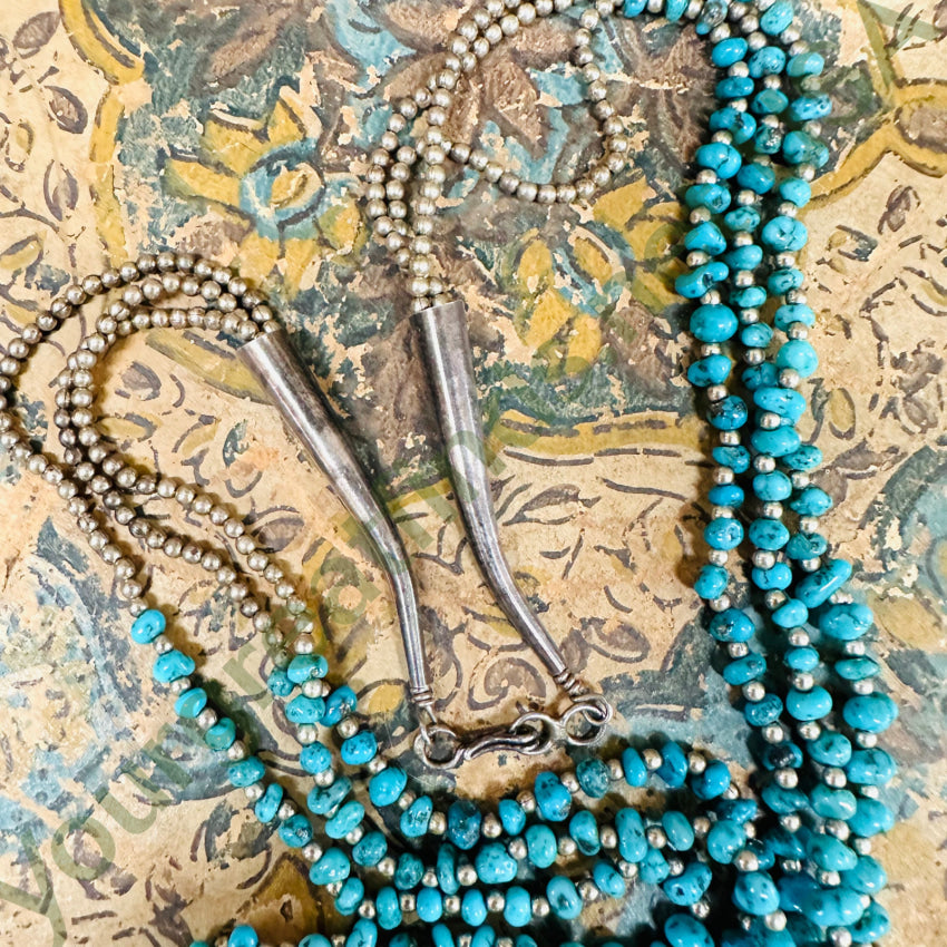 Navajo Triple Strand Fine Turquoise Sterling Silver Beaded Necklace