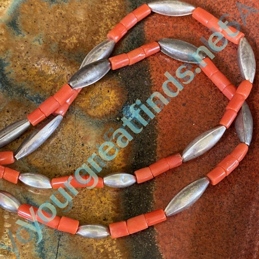 Navajo Tufa Stone Cast Sterling Silver and C oral Bead Necklace Yourgreatfinds