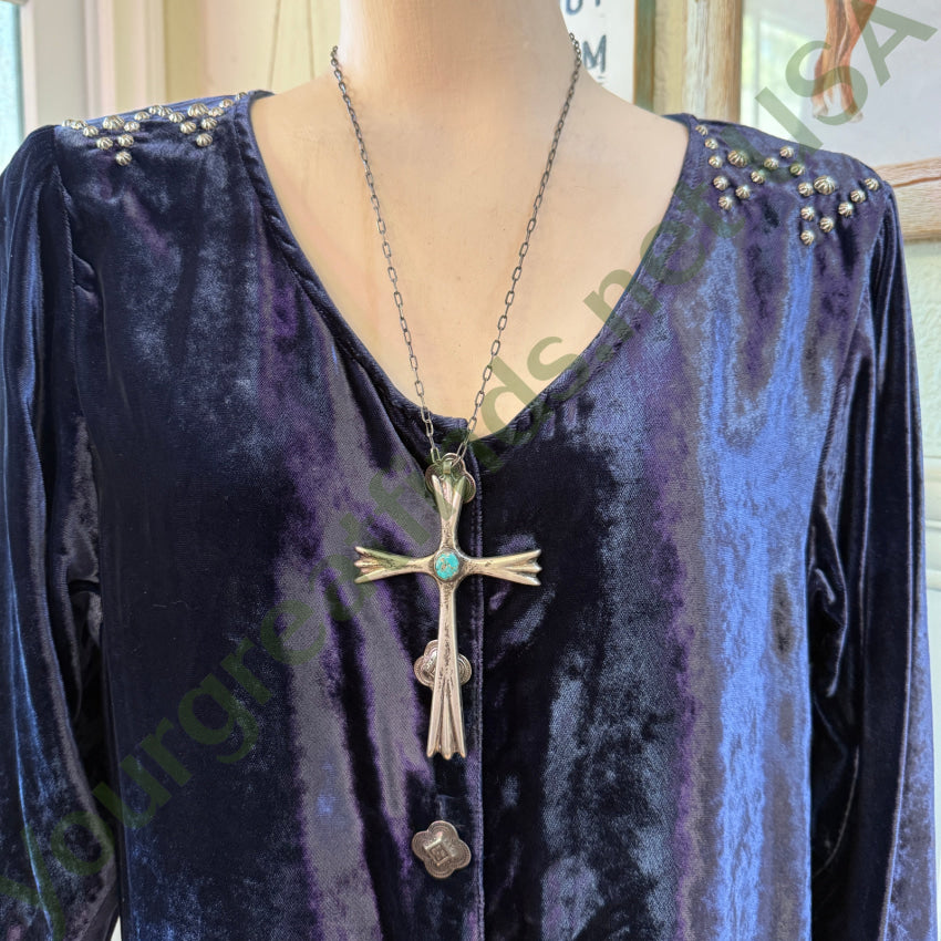 Navajo Tufa Stone Cast Sterling Silver Turquoise Cross Necklace Ambrose Lincoln Necklace