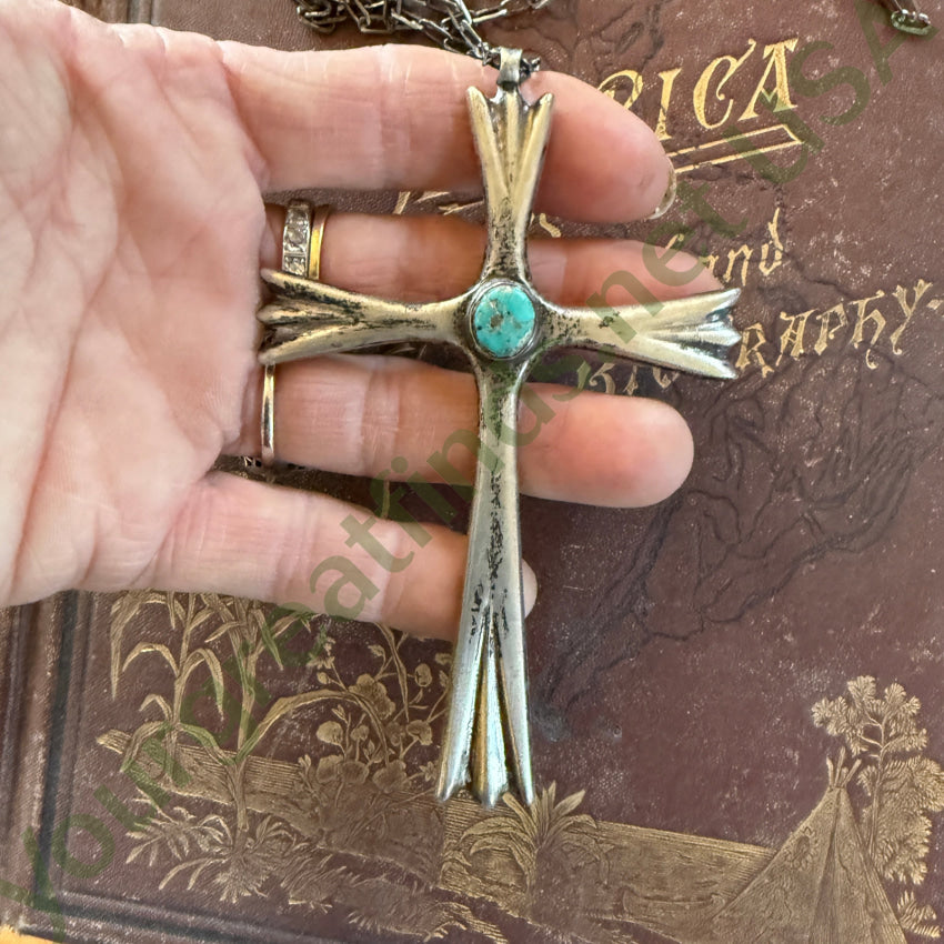 Navajo Tufa Stone Cast Sterling Silver Turquoise Cross Necklace Ambrose Lincoln Necklace