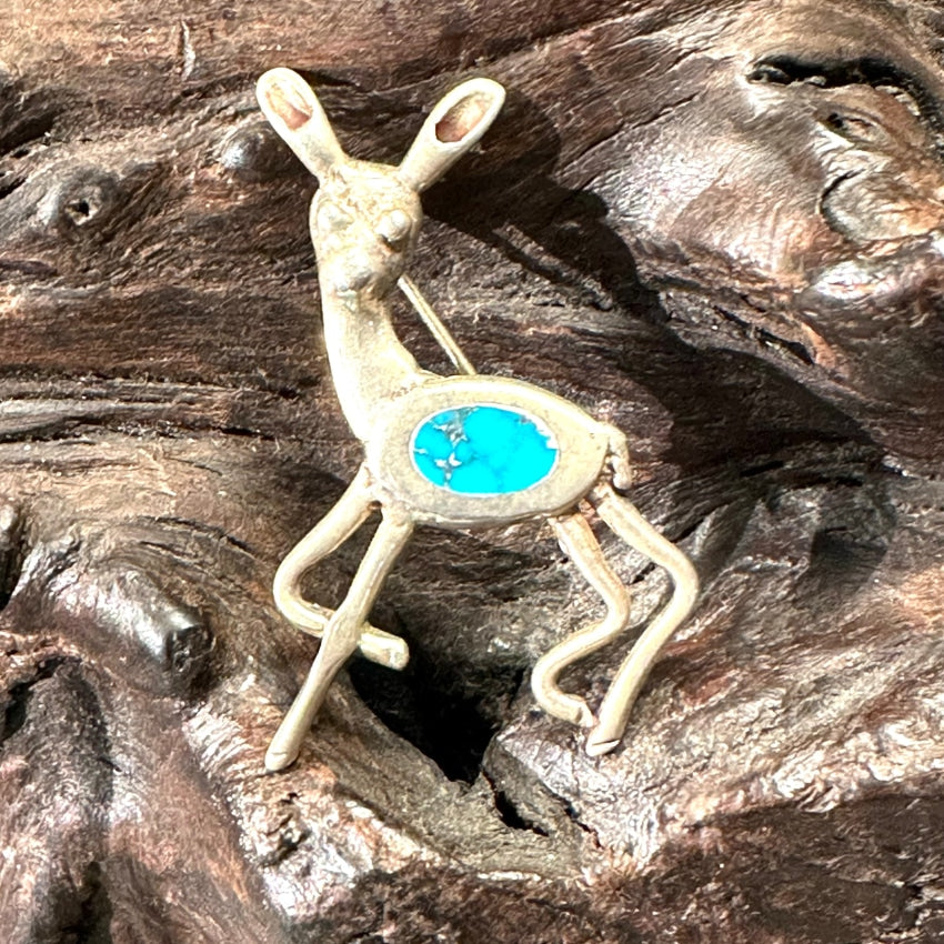 Navajo Tufa Stone Cast Sterling Silver & Turquoise Inlay Deer Pin