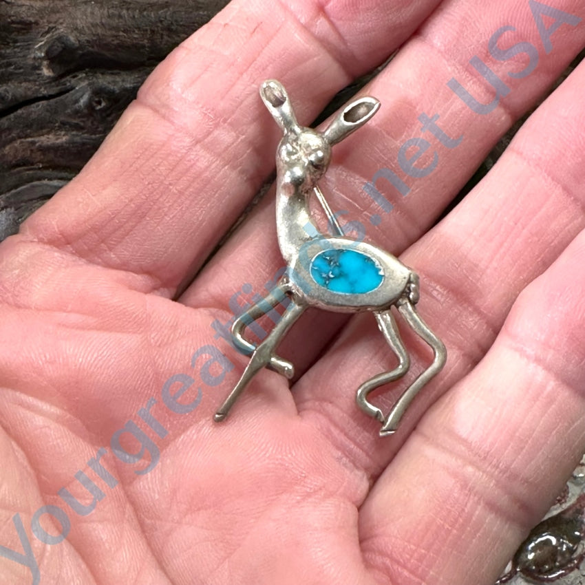 Navajo Tufa Stone Cast Sterling Silver & Turquoise Inlay Deer Pin