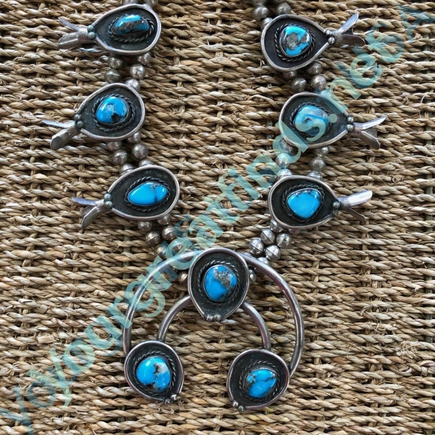 Navajo Turquoise and Sterling Silver Squash Blossom Necklace 1940s Yourgreatfinds