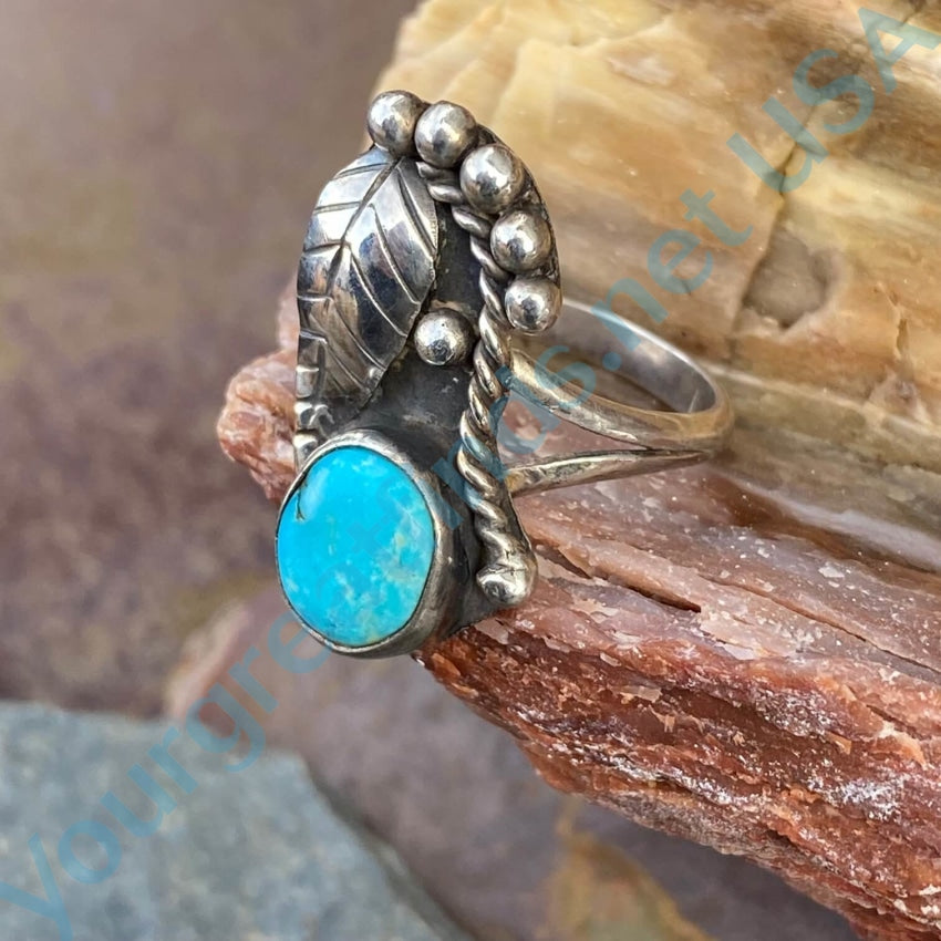 Navajo Turquoise Sterling Silver One Feather Ring 7.5