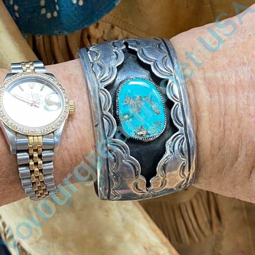 Navajo Turquoise Sterling Silver Shadowbox Bracelet Vintage Yourgreatfinds