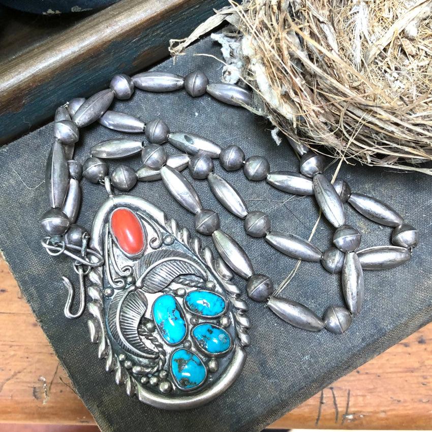 Navajo Wilfred Nez Sterling Silver Bench Bead Turquoise Coral Necklace