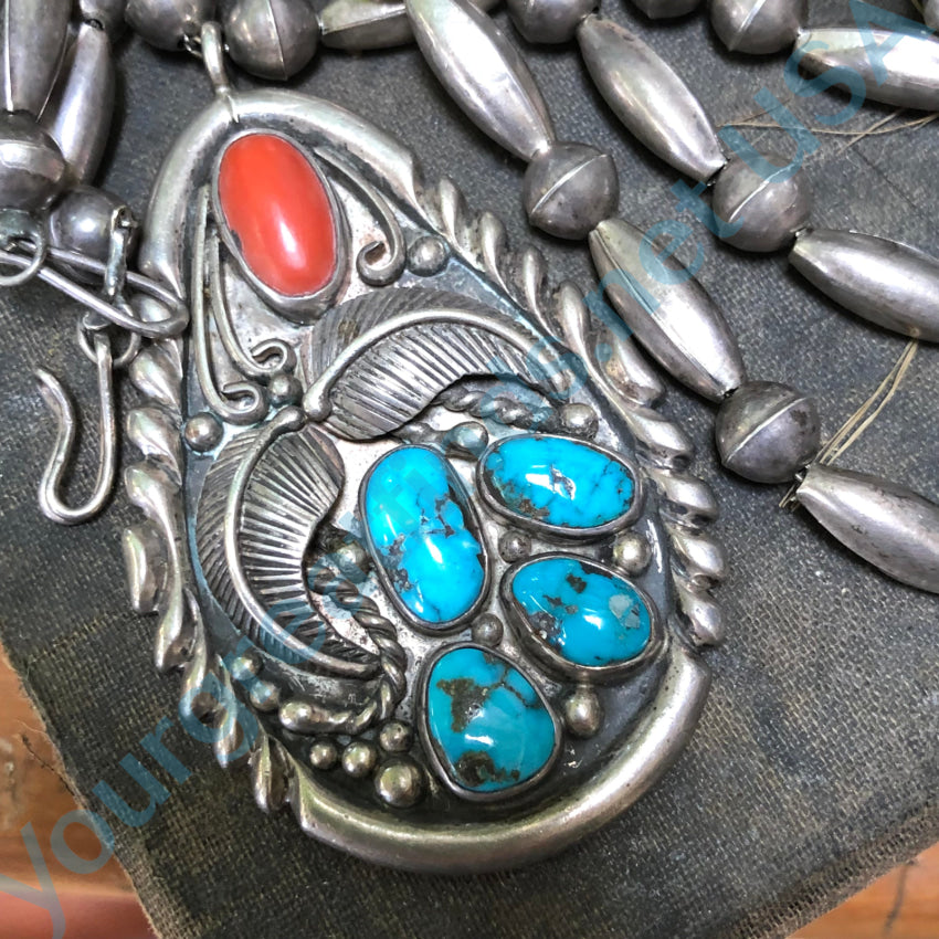Navajo Wilfred Nez Sterling Silver Bench Bead Turquoise Coral Necklace