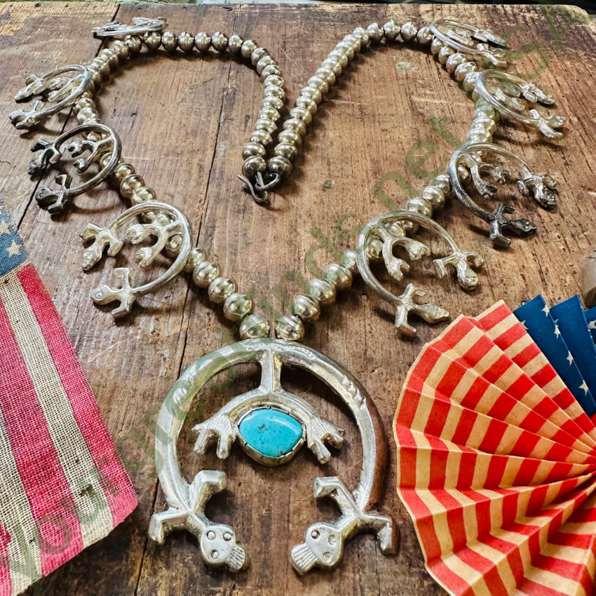 Navajo Yei Naja Squash Blossom Necklace Turquoise Sterling Silver