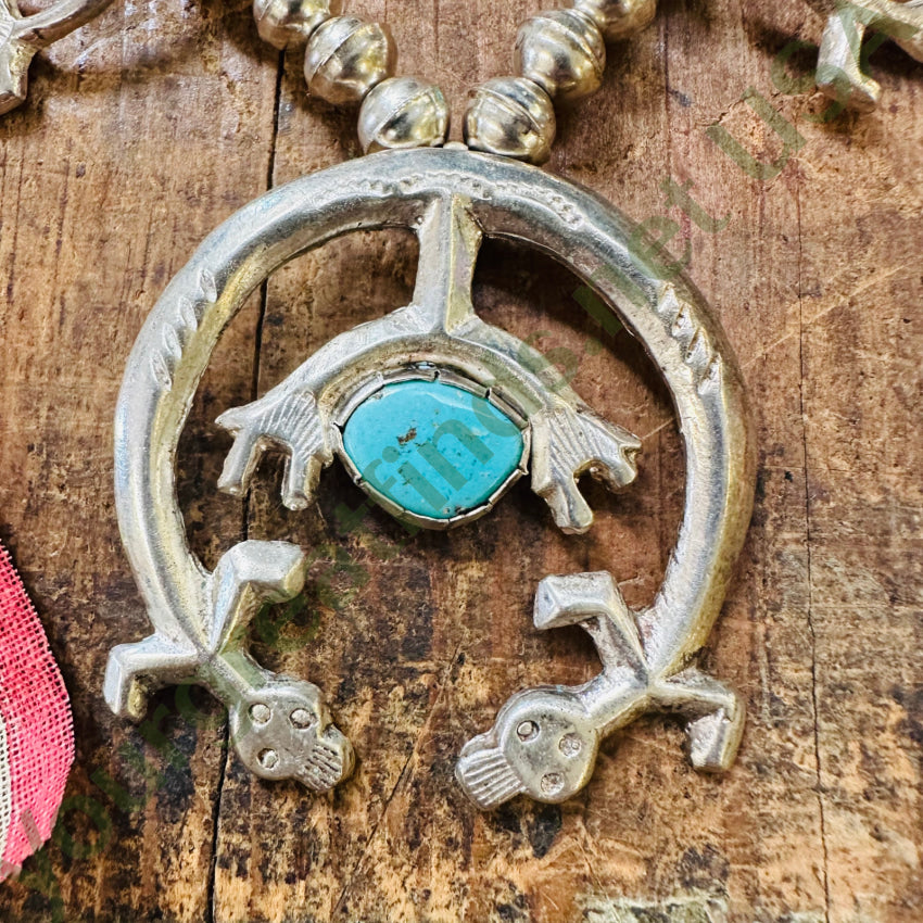 Navajo Yei Naja Squash Blossom Necklace Turquoise Sterling Silver