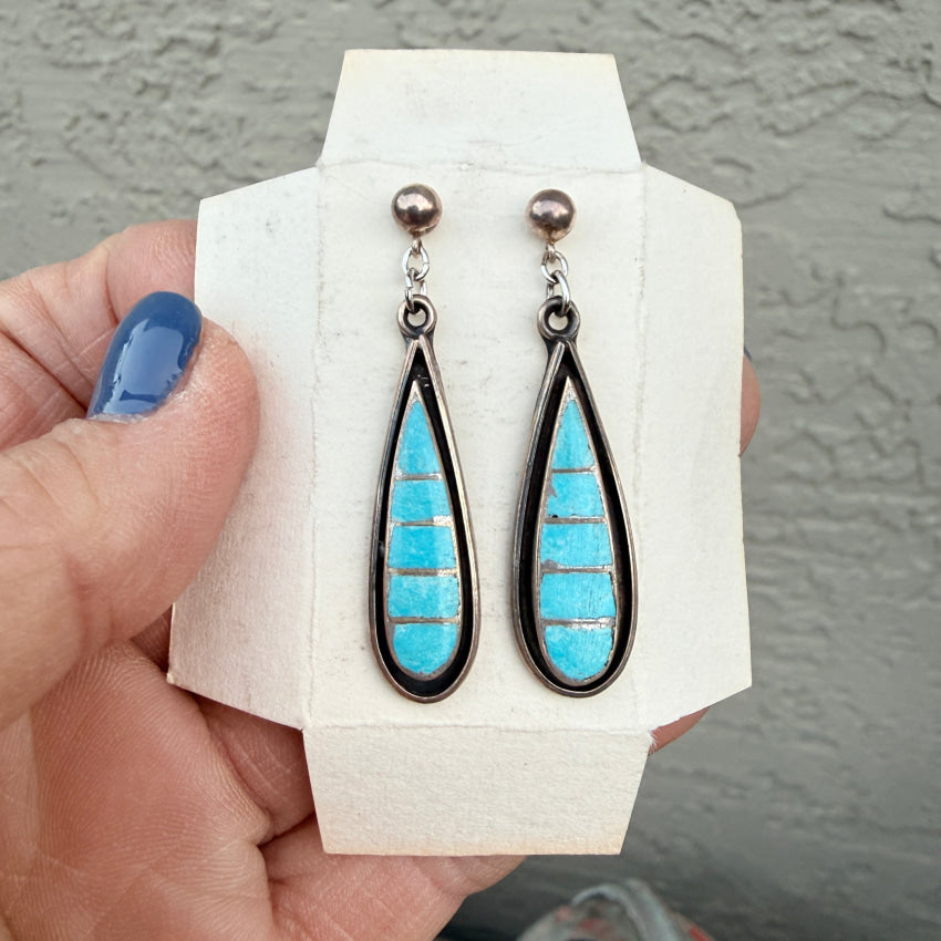 New Old Store Stock Zuni Turquoise Inlay Pierced Earrings 925 earrings