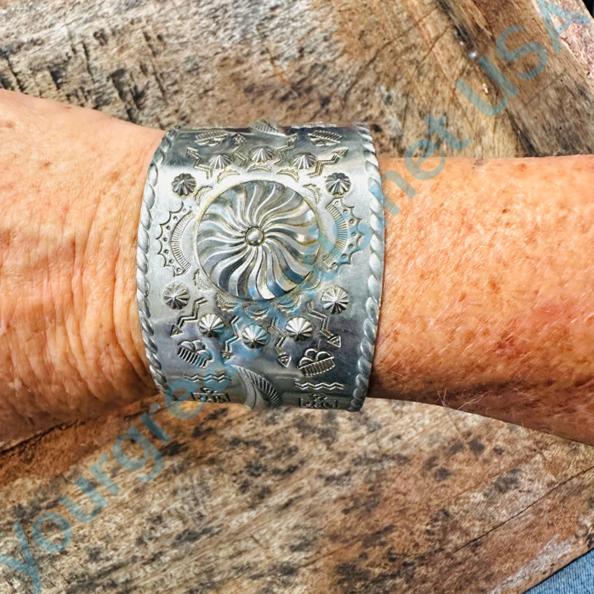 Nickel Silver Wide Cuff Bracelet Navajo Indian Themed Bracelet