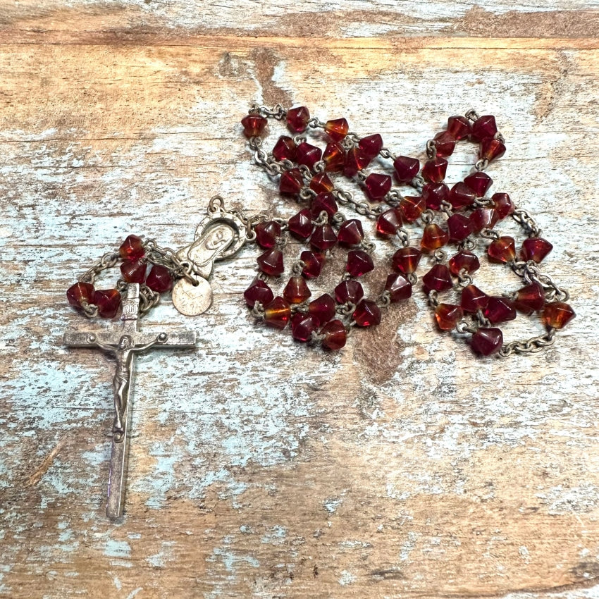 Old 1960S Amber Glass Bead Rosary Made In Japan