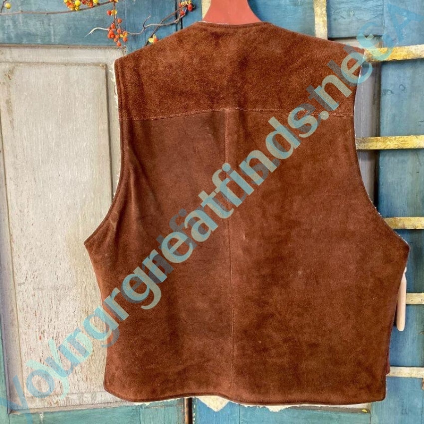 Old 1960s Brown Suede Leather Rancher&#39;s Vest with Fleece Lining Yourgreatfinds