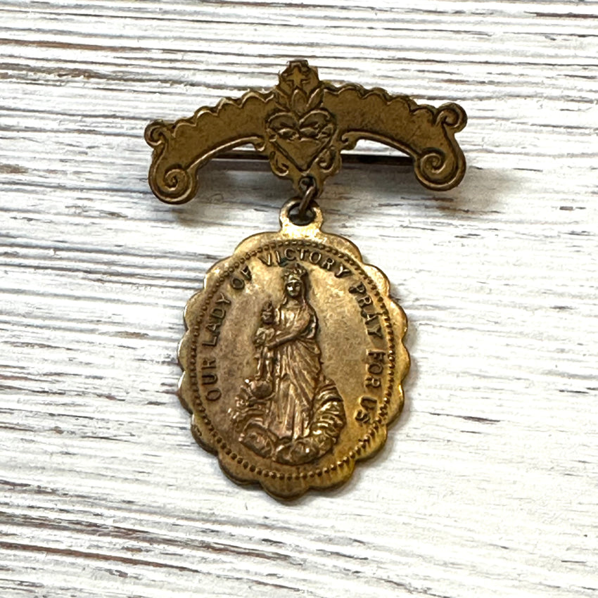 Old Brass Catholic Out Lady Of Victory Pin