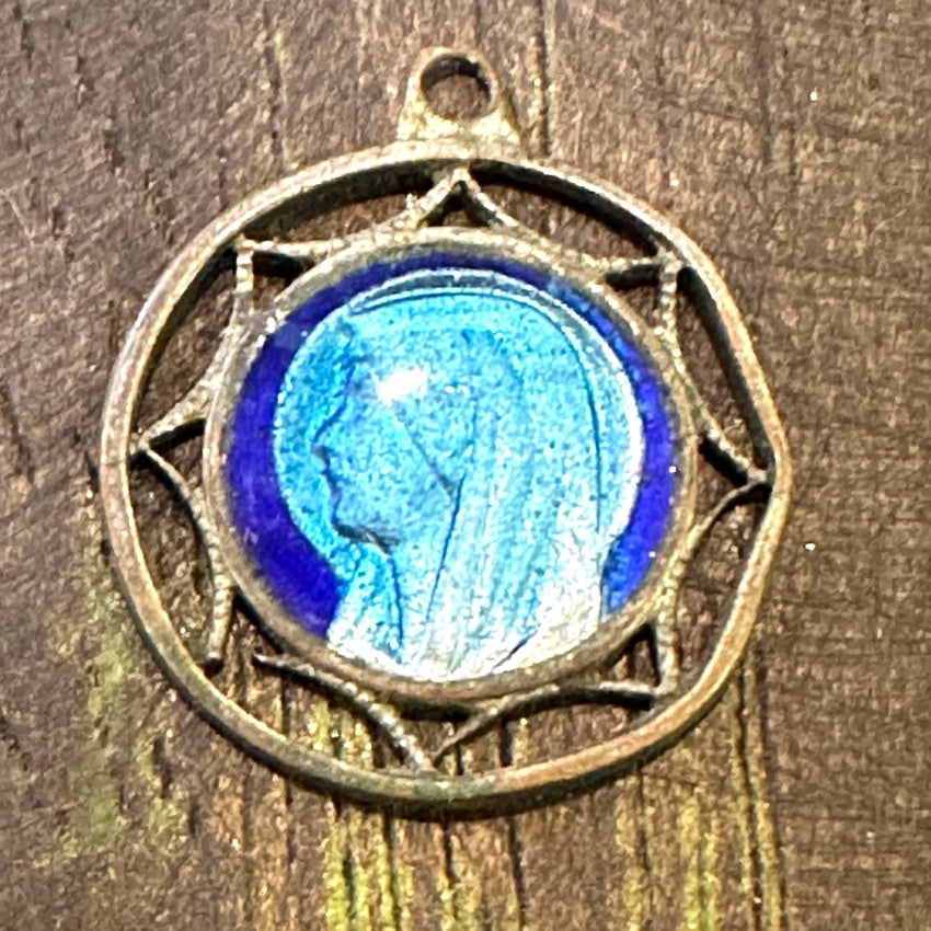 Old Brass & Enamel Our Lady Lourdes Pendant