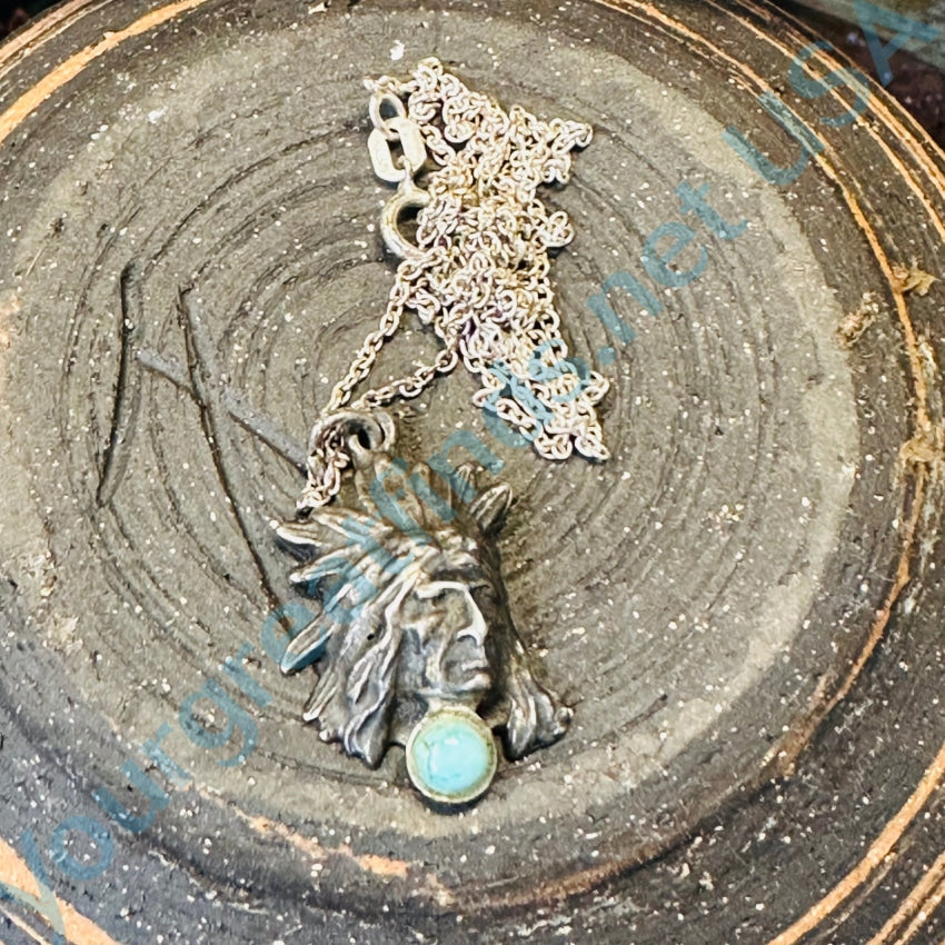 Old Cast Sterling Silver Indian In War Bonnet Necklace Turquoise