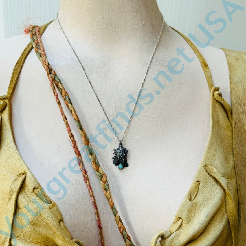 Old Cast Sterling Silver Indian In War Bonnet Necklace Turquoise