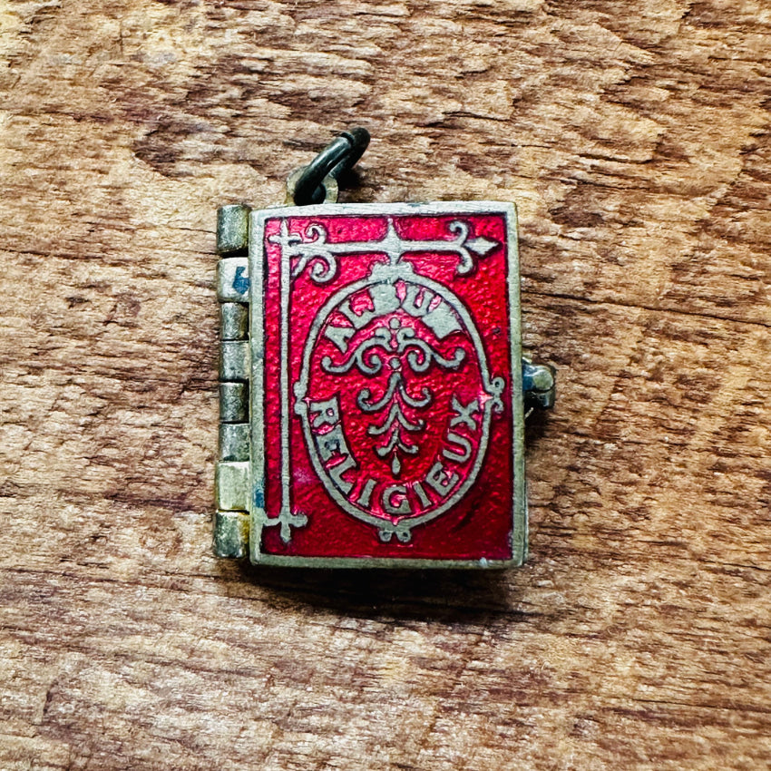 Old French Reliquary Album Pendant 2 Pages 5 Images Red Enamel Pendant