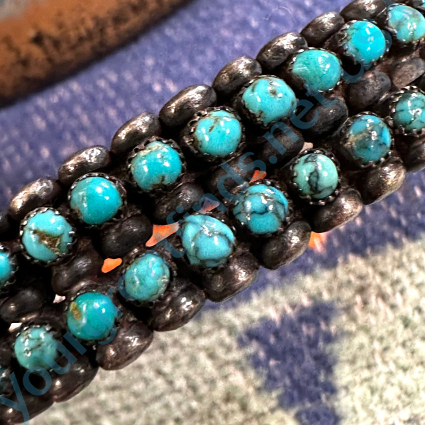 Old Hand Hewn Zuni Sterling Silver Double Turquoise Row Bracelet