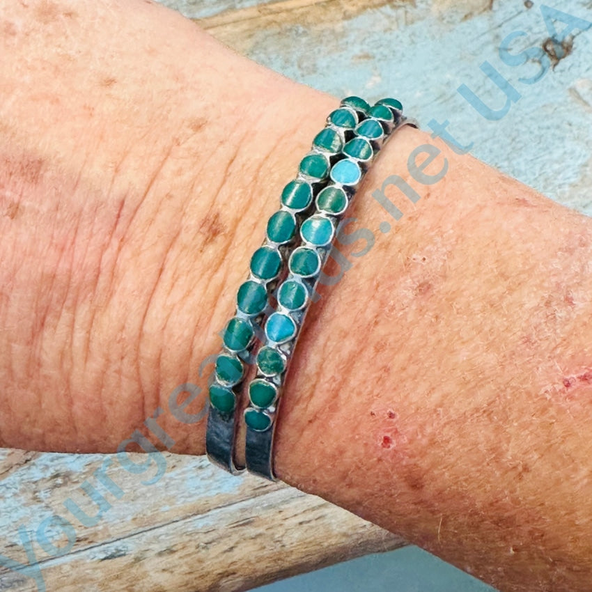 Old Hand Hewn Zuni Sterling Silver Inlay Turquoise Row Bracelet