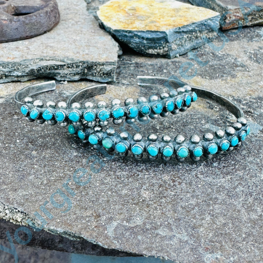 Old Hand Hewn Zuni Sterling Silver Turquoise Row Bracelet