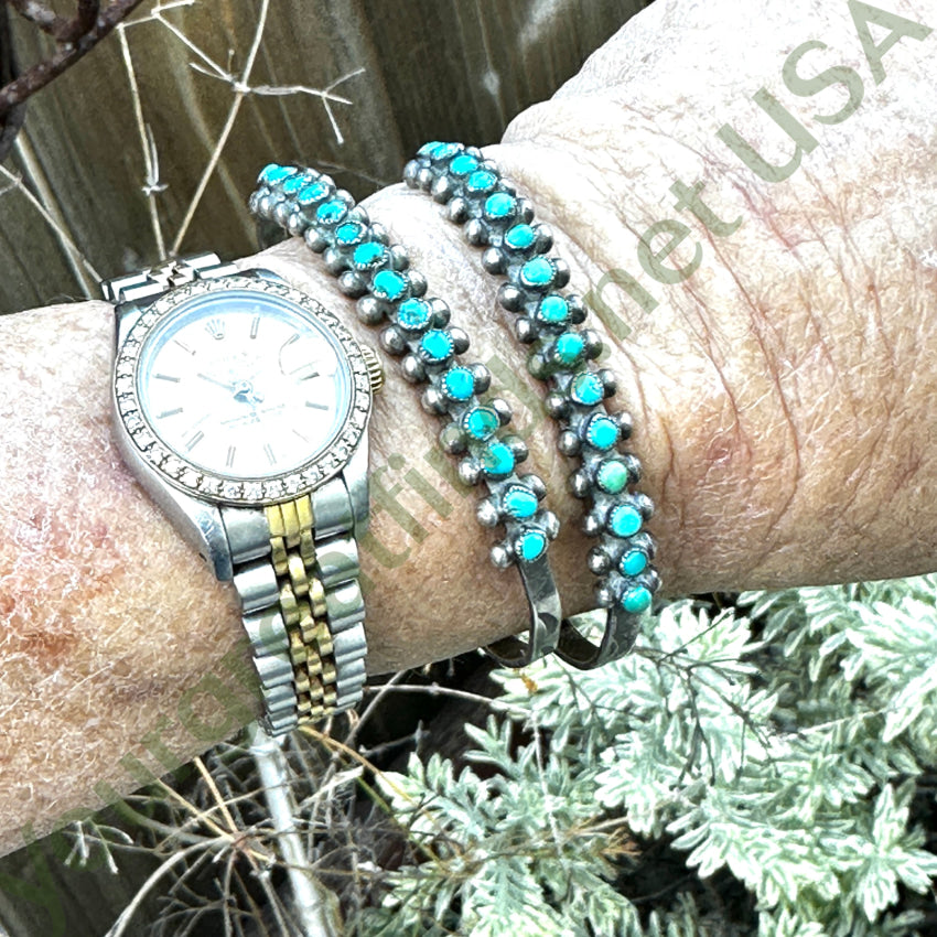 Old Hand Hewn Zuni Sterling Silver Turquoise Row Bracelet