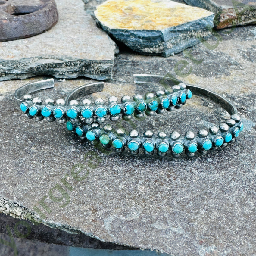 Old Hand Hewn Zuni Sterling Silver Turquoise Row Bracelet