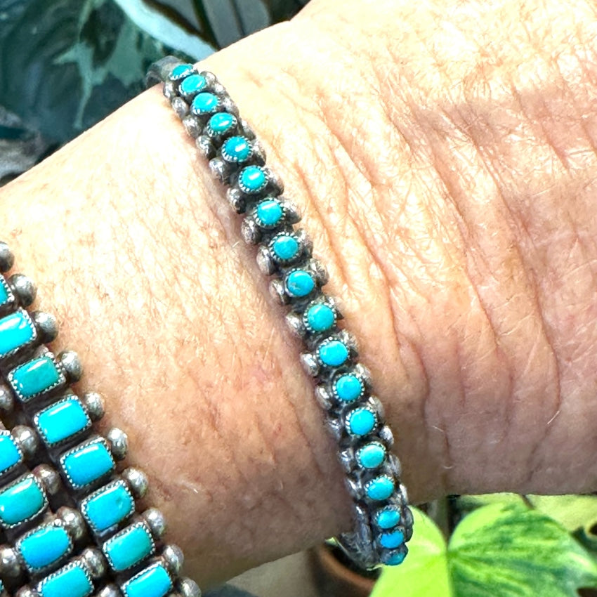 Old Hand Hewn Zuni Sterling Silver Turquoise Row Bracelet