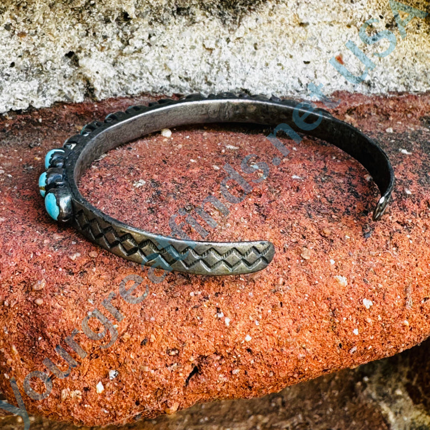 Old Hand Wrought Zuni Sterling Silver Turquoise Row Bracelet Bracelet