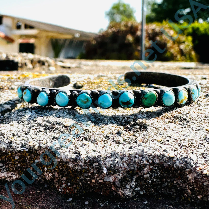 Old Hand Wrought Zuni Sterling Silver Turquoise Row Bracelet Bracelet