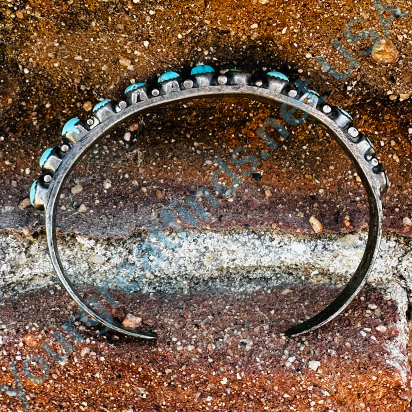 Old Hand Wrought Zuni Sterling Silver Turquoise Row Bracelet Bracelet