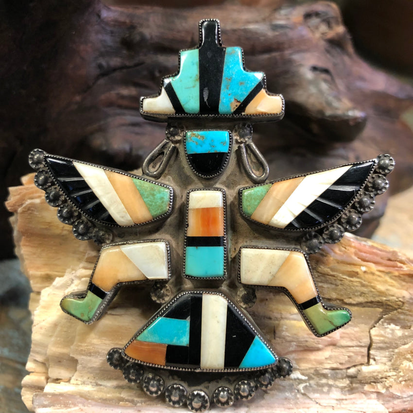 Old Huge Zuni Inly Knifewing Sterling Silver Turquoise Inlay Pin